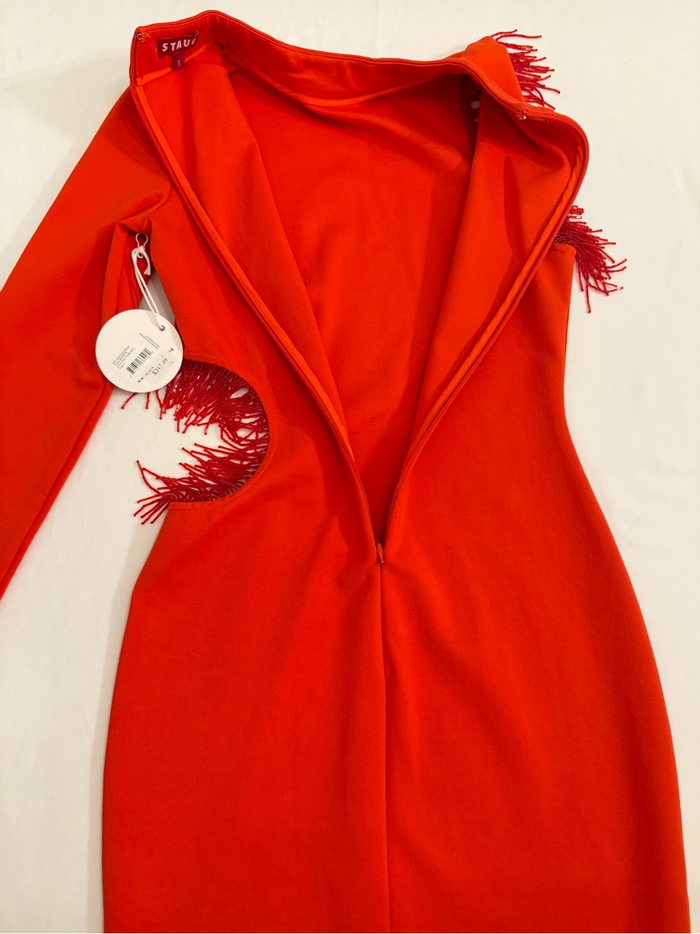 STAUD Mini Kirsten Dress in Fire Red Long-Sleeve with Fringe Cutouts Size Small - Picture 14 of 15
